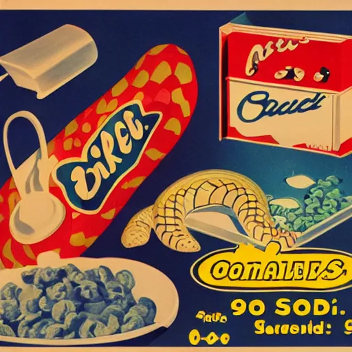 Prompt: a 1 9 5 0 s stylized advertisement for a snake themed cereal product, art, circa 1 9 5 0 s