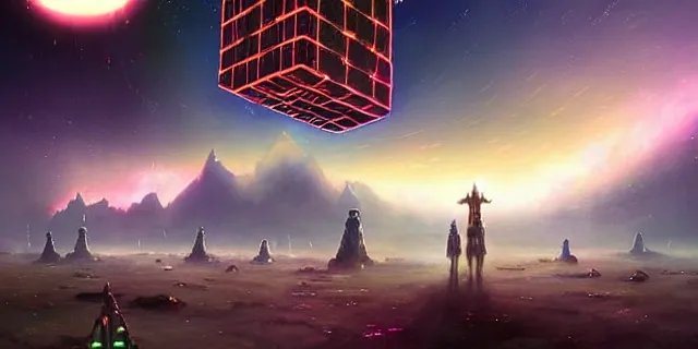 Image similar to a fleet of giant glowing futuristic cubes tied to each other with chains in the sky, a fantasy magical landscape seen in the distance, atmospheric lighting, intricate, volumetric lighting, beautiful, sharp focus, ultra detailed, in the art style of marc simonetti, bowater charlie and brom gerald, astrophotography