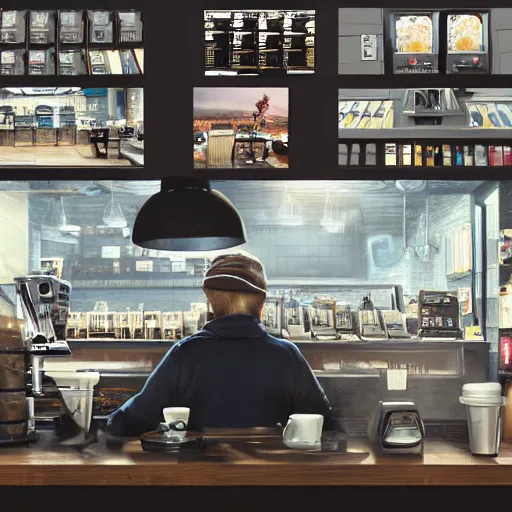 Prompt: Hyperrealistic ultradetailed matte painting of Jesse Pinkman working at a coffee shop, realistic, detailed lighting, cinematic, trending on artstation and 500px and behance