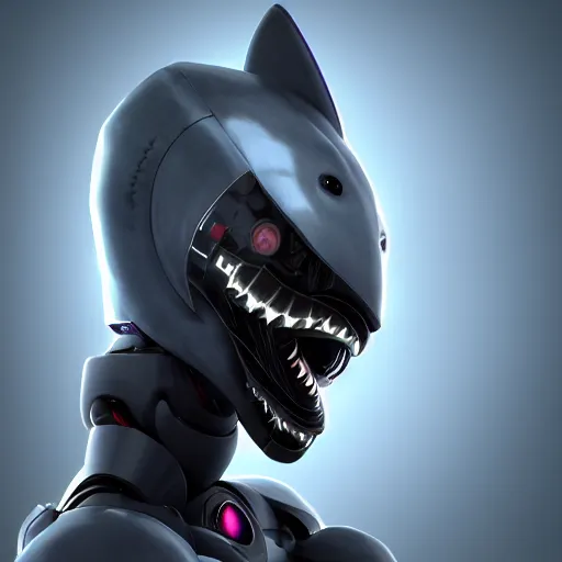 Prompt: very very beautiful furry art, bust profile picture of a male robotic anthro shark, dark visor covering face, commission on furaffinity, cgsociety, octane render, disney