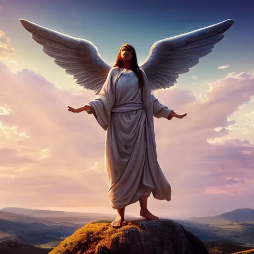 Image similar to gigantic biblical depiction of an angel towering over a vast landscape, cinematic, realistic, geometric body, photorealistic, detailed, white body, global illumination, volumetric lighting, 8 k, god rays, beautiful, majestic clouds, soft colors, heavenly lighting