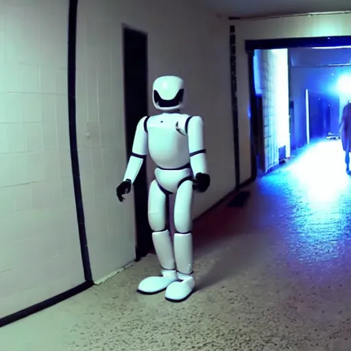 Image similar to ASIMO robot walking through haunted asylum, GoPro