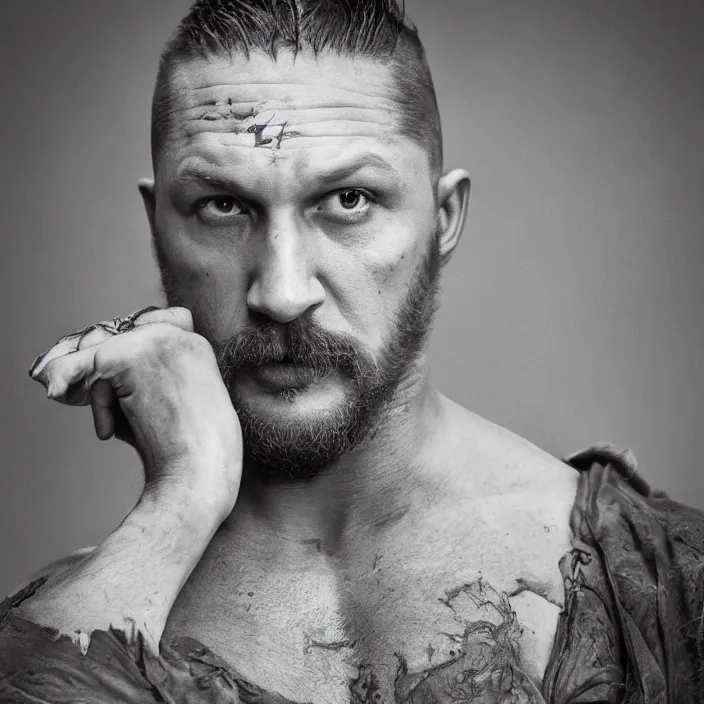 Image similar to professional photographic portrait of tom hardy as machiavel vanquished enemies strewn over the ground, renaissance style, fine art piece, incredible detail, vray rendering, high octane,