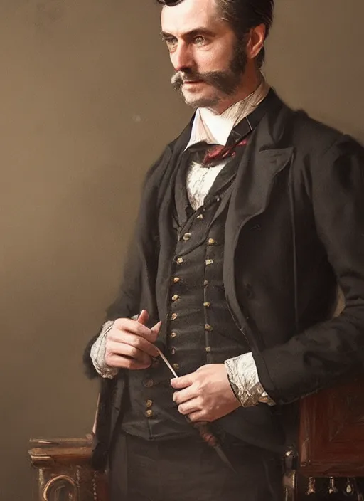 Image similar to portrait of a victorian gentleman wearing a waistcoat, male, detailed face, victorian, highly detailed, cinematic lighting, digital art painting by greg rutkowski