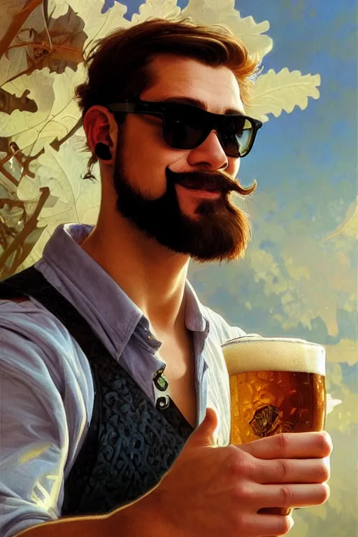 Image similar to a young man wearing raybands holding a beer giving a thumbs up with a long beard, real life skin, intricate, elegant, highly detailed, artstation, concept art, smooth, sharp focus, airbrush painted, art by artgerm and greg rutkowski and alphonse mucha