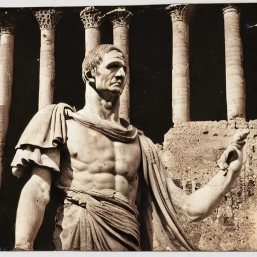 Prompt: Recovered photo of julius caesar taken in front of the roman forum. He looks tired and defeated. Sepia. White border. Torn on edge and creased.