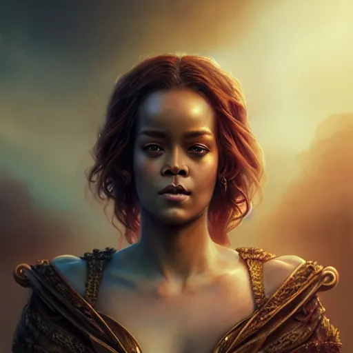 Image similar to majestic gracious regal goddess rhianna portrait, ancient greece, elysium, atmospheric lighting, painted, intricate, volumetric lighting, beautiful, rich deep colours masterpiece, golden hour, sharp focus, ultra detailed, by leesha hannigan, ross tran, thierry doizon, kai carpenter, ignacio fernandez rios