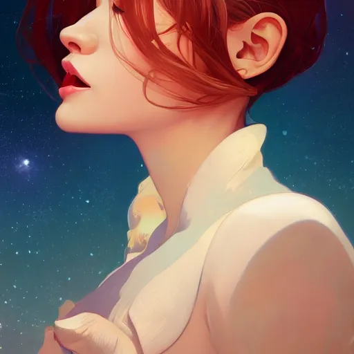 Image similar to gazing into the gorgeous face of infinity, laughing, ambient lighting, 4 k, lois van baarle, ilya kuvshinov, rossdraws, alphonse mucha, jung gi kim, artstation