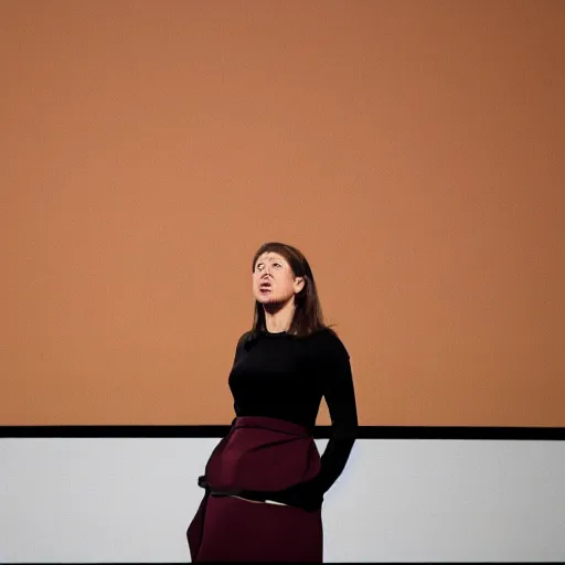 Image similar to reuters photograph of a female mark zuckerberg giving a keynote speech on apple park