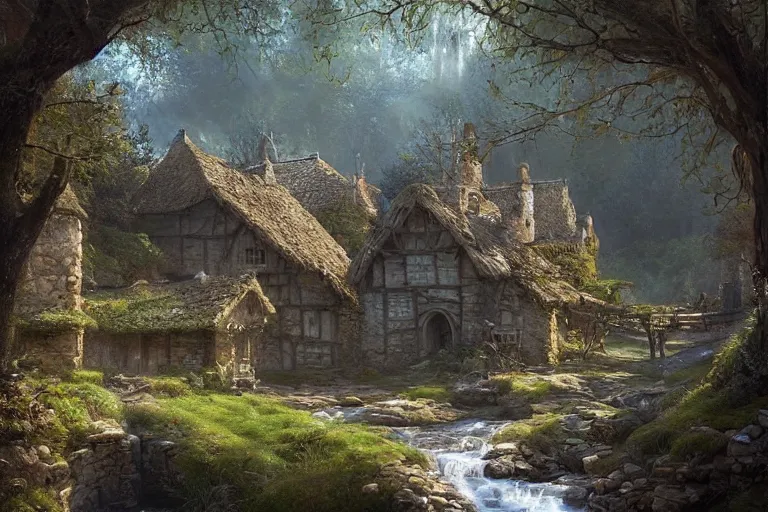 Image similar to a medieval village with a stream in a forested valley by jessica rossier and brian froud cinematic painting