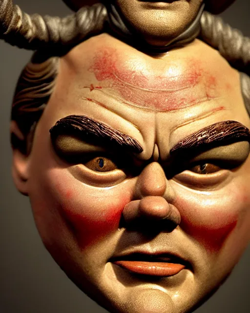 Image similar to highly detailed closeup, face profile portrait of a tin toy leonardo dicaprio as a medieval demon with horns eating cakes in a castle, hyper realistic, artstation, illustration, nicoletta ceccoli, mark ryden, lostfish, dan decarlo, bob clampett, max fleischer, digital paint, matte paint, vivid colors, detailed and intricate environment