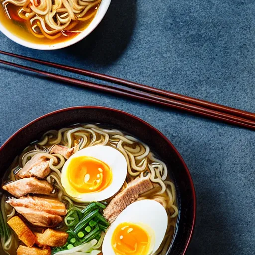 Prompt: A delicious ramen with chicken, eggs, and veggies, photorealistic imagery, 35mm photography, 4k, 8k