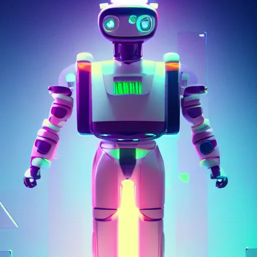 Image similar to isometric cat robot floating in space, 3D character realistic, very colourful, cinematic lighting, soft neon, octane render, trending on Artstation