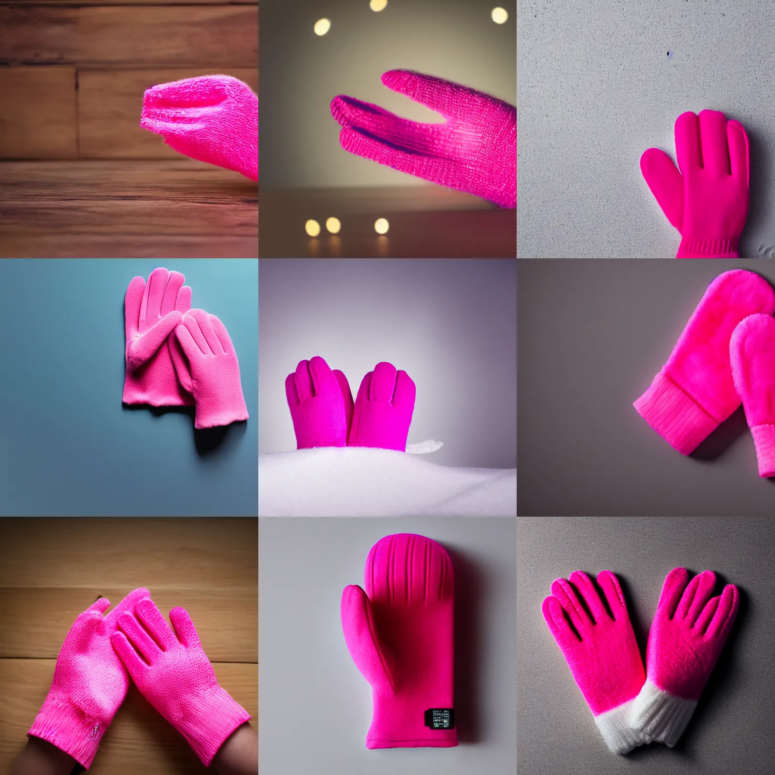 Prompt: product photoshoot of a vibrant glowing pink jelly mitten, commercial, magazine sales, close up, bokeh, depth of field, studio lighting,