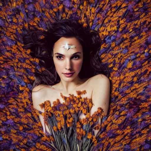 Image similar to fine art photo of the beauty gal gadot, she is lying down and covered by dried flowers, taken by oleg oprisco