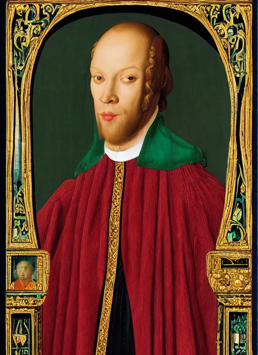 Image similar to a portrait of a person jacked into their cyberdeck by Jan van Eyck