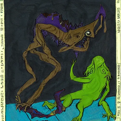 Prompt: Changeling bard standing over a sobbing lizard man in fetal position, sad, depressing, dark color schema, raining, in the style of Eric Carle