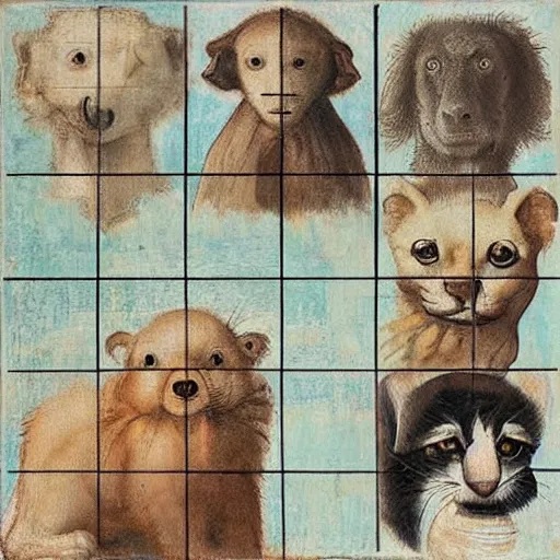 Image similar to multiple paintings by Leonardo Davinci in a 4x4 grid of various cute animals looking adorably at the camera