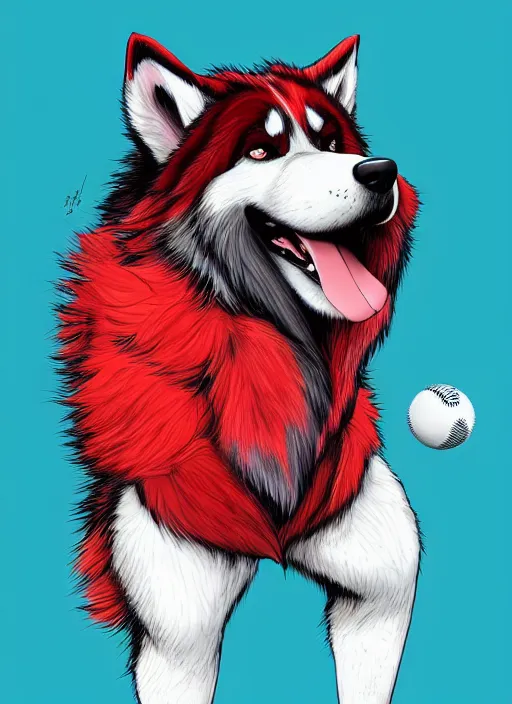 Image similar to commissioned full body portrait of a male anthro aslakan malamute with red fur playing baseball in a baseball stadium wearing a baseball uniform, by a professional manga illustrator, by Kilian Eng, by Sandra Chevrier, trending on artstation