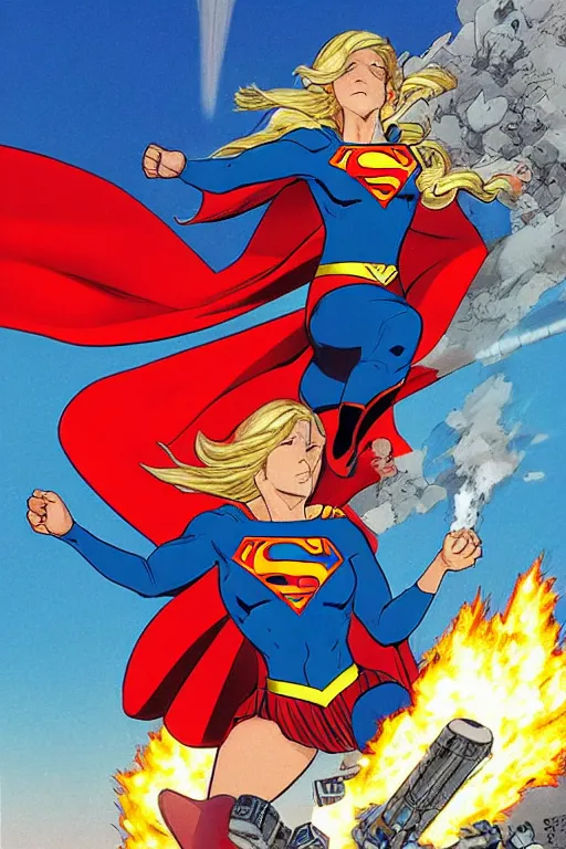 Prompt: a dramatic scene of supergirl leaping onto a tank and smashing it, on a battlefield, smoke, fires, explosions, manga art by katsuhiro otomo, close - up, low angle, wide angle, highly detailed digital art