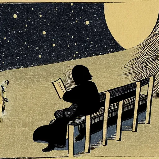 Image similar to a person sitting on a bench reading a book at night, a storybook illustration by steve brodner, deviantart, ukiyo - e, storybook illustration, photo, woodcut