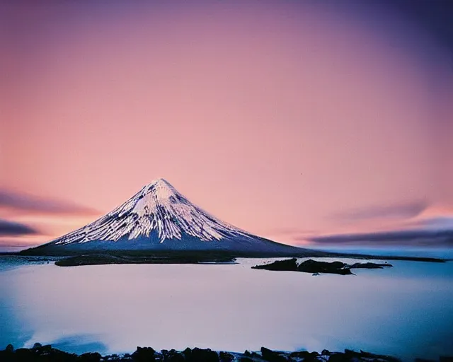 Prompt: A photo of Mt Taranaki in New Zealand at dawn, Long shot, shot on Ektachrome E100 film, rule of thirds, trending on Instagram, award winning photography