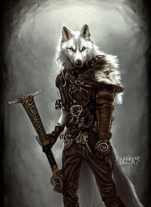 Prompt: steampunk white wolf with claymore, fantasy, art station, dramatic, concept art, portrait