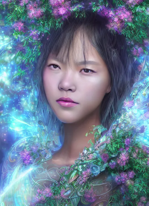 Image similar to portrait of Lalisa Manobal as a Celestial Goddess of a futuristic pearlescent holographic, inside future fighter, sci-fi, fantasy, intricate, lush garden spaceship with sakura season flowers in Kyoto Japan, elegant, human anatomy, royal green and nature light, highly detailed, digital painting, artstation, concept art, smooth, sharp focus, illustration, art by James Jean, masterpiece, 3d blender