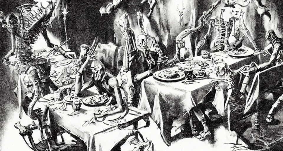 Prompt: Vintage fantasy art of a necromancer being served dinner by his loyal skeletons.