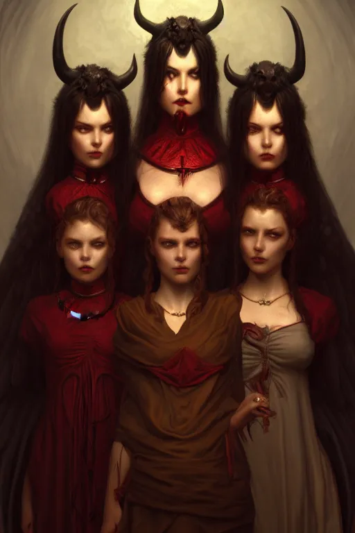 Image similar to a demonic horrific portrait of satan and his wives, white eyes, bored, illustration, soft lighting, soft details, painting oil on canvas by edmund blair leighton and charlie bowater octane render, hdr, trending on artstation, 4 k, 8 k, hd