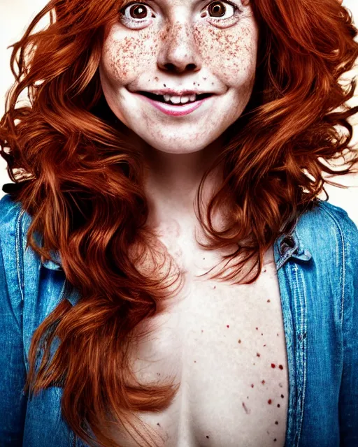 Prompt: lovely happy adult woman character portrait, by peter morbacher, long wavy auburn hair, stunning eyes, freckles, highly detailed, dynamic shadows, 4 k, splash art