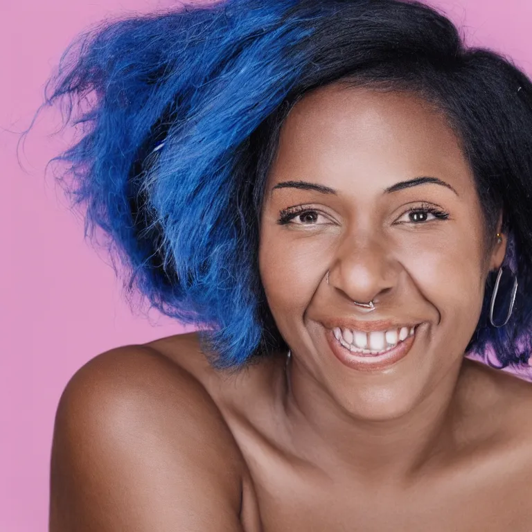 Image similar to A smiling black woman with blue hair and scar on the left cheek, portrait, very realistic, highly detailed