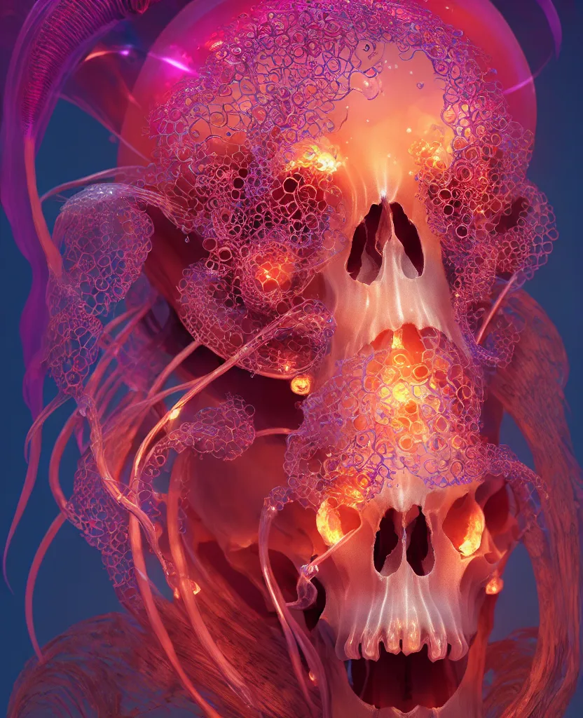 Image similar to goddess close-up portrait animal skull. jellyfish phoenix head, nautilus, orchid, skull, betta fish, bioluminiscent creatures, intricate artwork by Tooth Wu and wlop and beeple. octane render, trending on artstation, greg rutkowski very coherent symmetrical artwork. cinematic, hyper realism, high detail, octane render, 8k