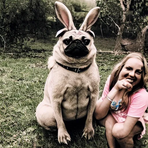 Image similar to a Rabbit-Pug Hybrid, A Rabbit that looks like a pug, huge tusks, afternoon hangout, good times photograph, candid