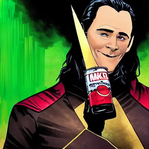 Prompt: marvel's loki is drinking coke