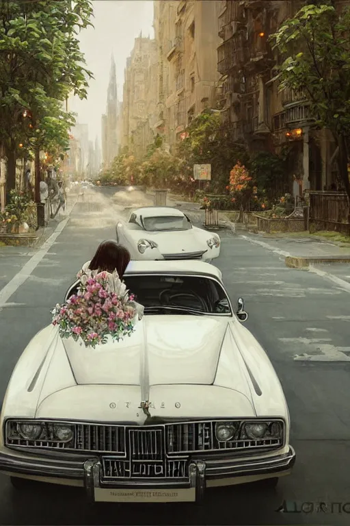 Image similar to ultra realistic illustration, old white vintage car in the city with flowers blooming out the window, elegant, highly detailed, digital painting, concept art, smooth, sharp focus, illustration, art by greg rutkowski and alphonse mucha