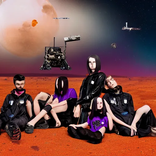 Image similar to group shot of depressed teenagers with emo haircuts wearing gothy purple and black spandex suits, sitting next to smashed burning spacecraft wreckage, on the orange surface of mars, highly detailed, dramatic lighting, photorealistic, cinematic