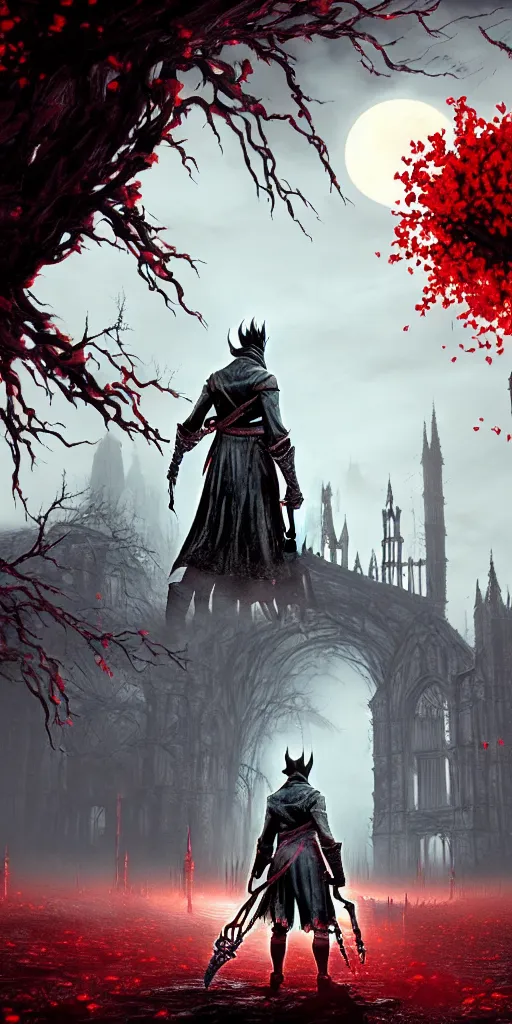 Prompt: soulless bloodborne old valley with a obscure person at the centre and a ruined gothic city in the background, trees and stars in the background, falling red petals, epic red - orange moonlight, perfect lightning, wallpaper illustration by niko delort and kentaro miura, 4 k, ultra realistic