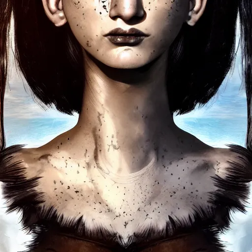 Prompt: pretty black haired woman, with freckles on face, suntanned skin, dark brown middle eastern eyes narrowed, scar on left side of neck, wearing black armor, digital art, hyperdetailed, hyperrealistic, 4 k, 8 k