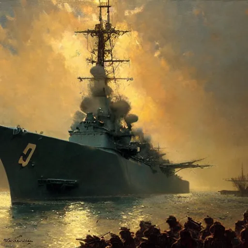 Image similar to detailed cinematic wide shot of world war 2 battleship, ultra realistic, spring light, painting by gaston bussiere, craig mullins, j. c. leyendecker