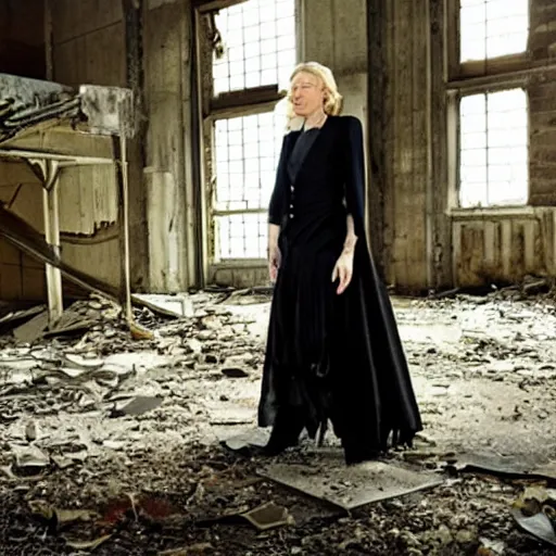 Image similar to photo of cate blanchett in an abandoned building, by Annie leibowitz, photorealisitc ,detailed