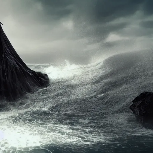 Prompt: photograph with stylish lens effect, stylistic lighting, 1 9 8 0's sci - fi style, extremely epic, hyppereality, weta digital, octane render, a giant towering man in black evil pope robes floating above crashing dramatic ocean waves with sea foam and sea spray along a rocky coast, cinema 4 d, volumetric lighting