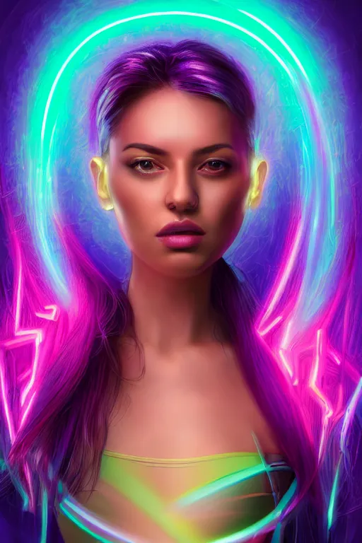 Image similar to a award winning half body portrait of a beautiful woman in a croptop and cargo pants with ombre purple pink teal hairstyle and hands in pockets by ari liloan, surrounded by whirling illuminated lines, outrun, vaporware, shaded flat illustration, digital art, trending on artstation, highly detailed, fine detail, intricate