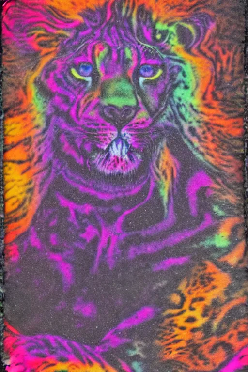 Image similar to damaged lisa frank daguerreotype, muted colours, detailed psychedelic gothic feline portrait of lion headed demonic chaos god in the service of Slaanesh , tiger stripes, leopard spots