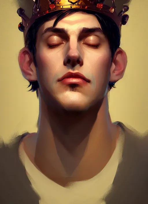 Prompt: portrait of jughead jones, wearing a crown, eyes closed, intricate, elegant, glowing lights, highly detailed, digital painting, artstation, concept art, smooth, sharp focus, illustration, art by wlop, mars ravelo and greg rutkowski