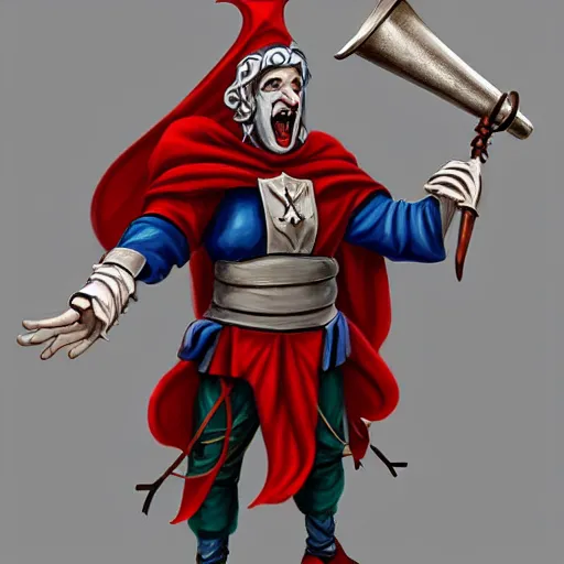 Image similar to of a realistic illustration dumb jester fool crusader knight that is the anti - communism crusader character, full plate, totally mad and yelling, shouting using a megaphone, artstation digital art,,