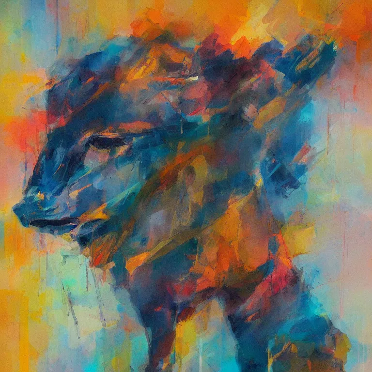 Image similar to Geometric creature. Rough brushstrokes. Rough background. Grainy. Fine details. Colourful but muted scheme. Painting by Pavel Lizano (2018)