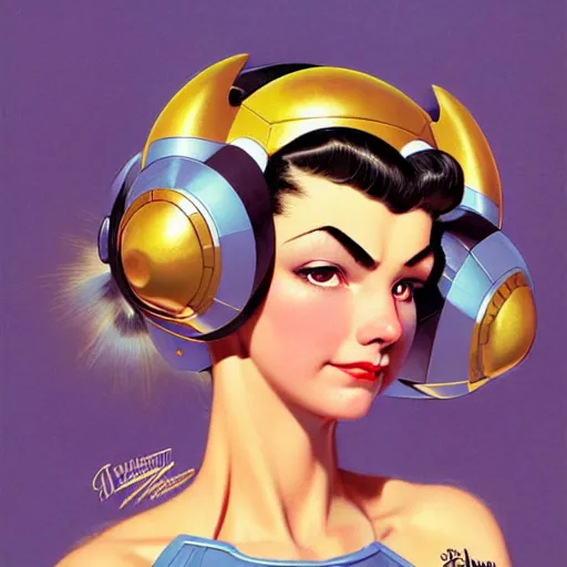 Image similar to head and shoulders portrait of a female Megaman, illustration, medium shot, intricate, elegant, highly detailed, digital art, ffffound, art by gil elvgren and JC Leyendecker and sachin teng