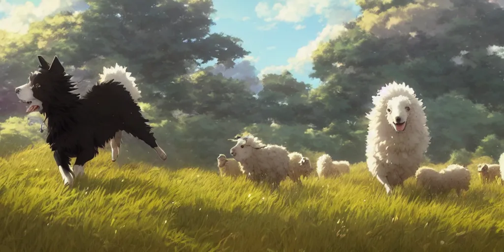 Image similar to border collie chasing sheep on feld. nime key visual of luffy studio lit directed gaze, trending on pixiv fanbox, painted by greg rutkowski makoto shinkai takashi takeuchi studio ghibli