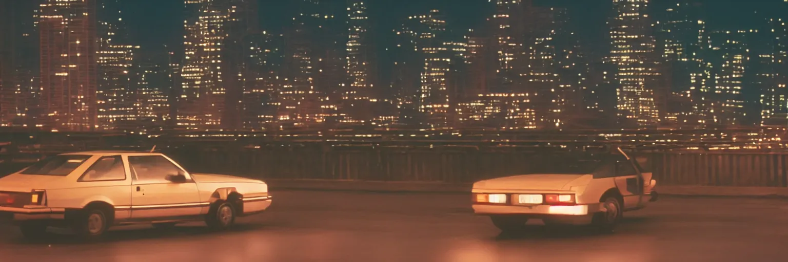 Image similar to 8 0 s neon movie still, portrait of a single car by the river with city in background, medium format color photography, blurred background, movie directed by kar wai wong, hyperrealistic, photorealistic, high definition, highly detailed, tehnicolor, anamorphic lens